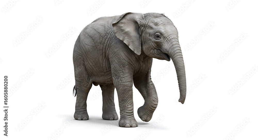 Fototapeta premium A young baby elephant calf walking and looking forward, isolated on a pure white background. A detailed, full-body studio portrait of the wild animal.