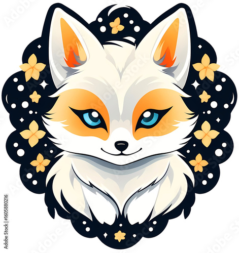 cute cartoon sticker art design of a fantasy white fox kitsune against a background sparkles, stars, and orange flowers (transparent)
