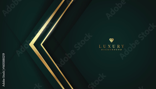 Dark Green luxury background with golden lines curve and glitter light effect. Elegant style vector design
