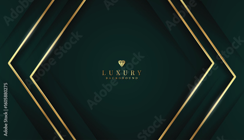Dark Green luxury background with golden lines curve and glitter light effect. Elegant style vector design