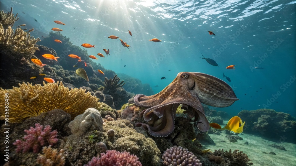 Obraz premium Underwater Scene with Octopus and Colorful Marine Life in Reef