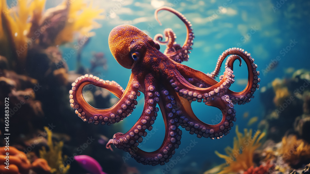 Obraz premium An underwater photo of an octopus, showcasing its marine environment.