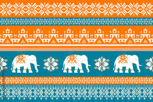 Colorful pixel-art pattern with white elephants and traditional ethnic motifs in orange, teal, and white. Ideal for textiles, digital art, and cultural design projects.
