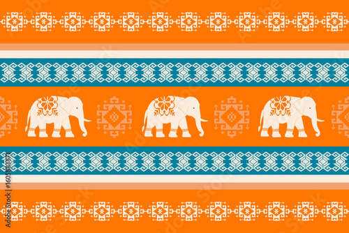 Colorful pixel-art pattern with white elephants and traditional ethnic motifs in orange, teal, and white. Ideal for textiles, digital art, and cultural design projects.
