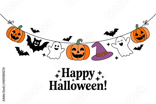 Happy Halloween banner with pumpkin garland, bats, witch hats, festive bunting, vector illustration, party border design