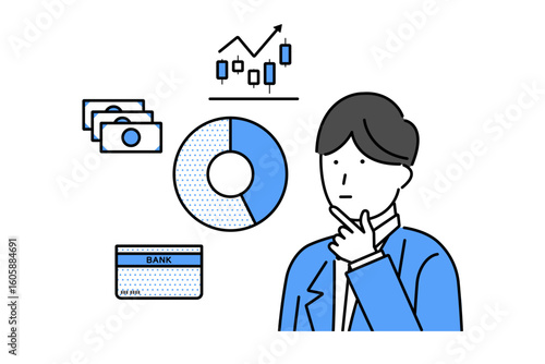 投資と貯金の割合を考える若い男性のイラスト