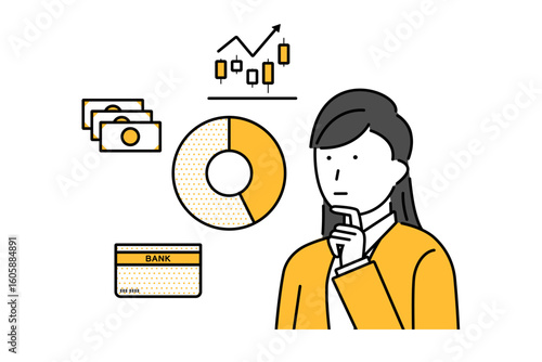 投資と貯金の割合を考える若い女性のイラスト