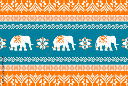 Colorful pixel-art pattern with white elephants and traditional ethnic motifs in orange, teal, and white. Ideal for textiles, digital art, and cultural design projects.
