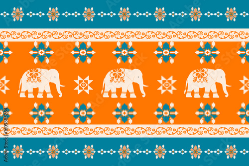 Colorful pixel-art pattern with white elephants and traditional ethnic motifs in orange, teal, and white. Ideal for textiles, digital art, and cultural design projects.
