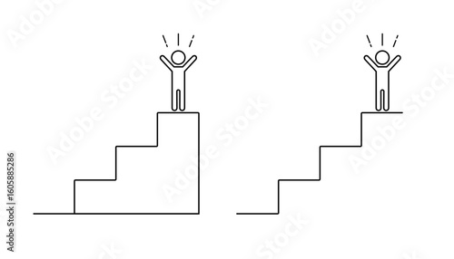 階段の最上段に立って両手を上げて喜ぶ人物のピクトグラム
