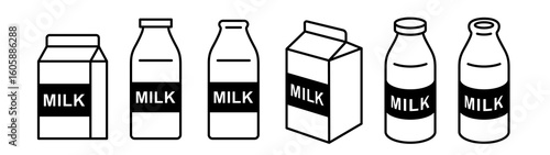 Milk bottle and milk carton icon set. Black color outline icon on white background.