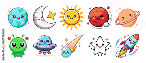 A delightful kawaii-style space set—planets, moon, sun, aliens, UFOs, stars & rockets—all with cute, smiling faces. Ideal for kids' designs, stickers, decor, apps, and playful cosmic themes.