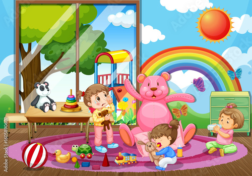 Kindergarten room scene with many kids playing with their toys