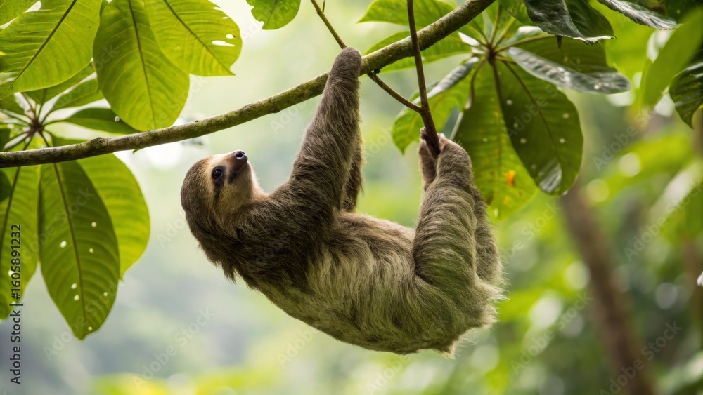 Fototapeta premium Sloth Hanging from Tree Branch in Lush Tropical Forest Scene