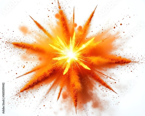 Bright Orange Powder Explosion Bursting Outward Against White Background image