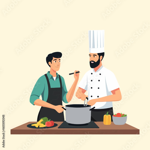Chef Teaches Young Cook How to Prepare Food in Kitchen