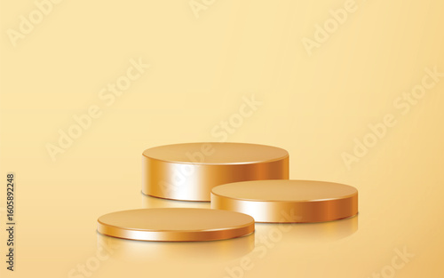 Realistic three golden blank product podium scene isolated on gold background. Geometric metallic round shape for product branding. Gold cylinder mock up scene. 3d vector illustration background