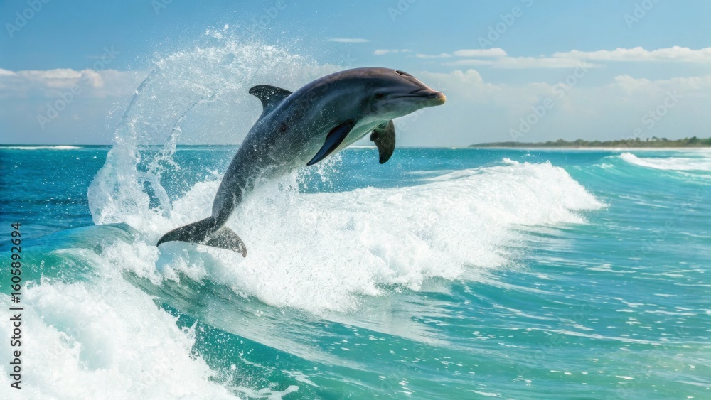 Fototapeta premium Dolphin Leaping above Ocean Waves under Clear Blue Sky