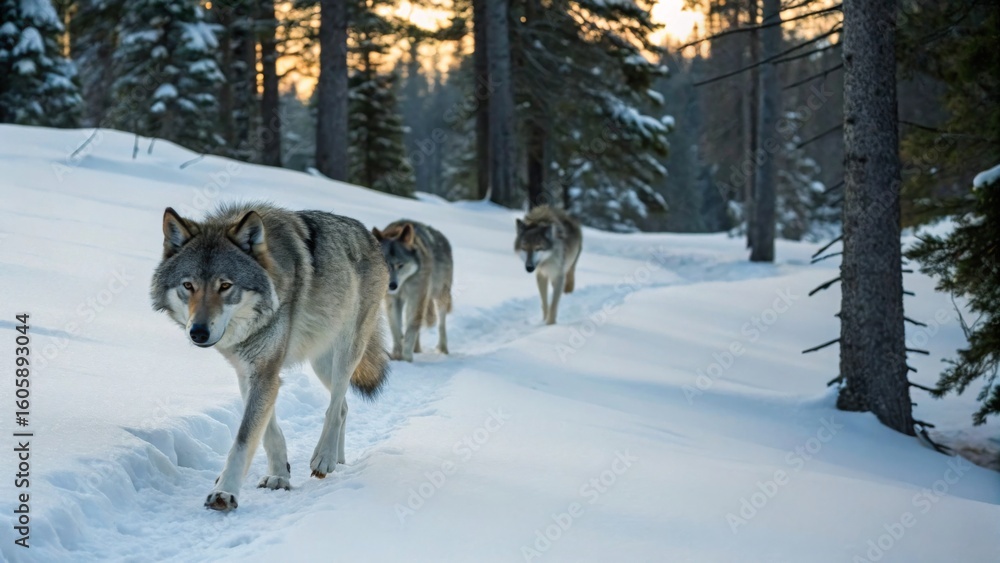 Naklejka premium Majestic Wolves Walking Through Snowy Forest Landscape at Dusk