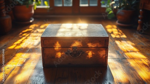 Wooden Box Glowing With Light Sitting on Parquet Floor Indoors