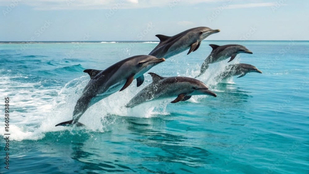 Obraz premium Dolphins Jumping Playfully over Glimmering Ocean Waves in Sunshine