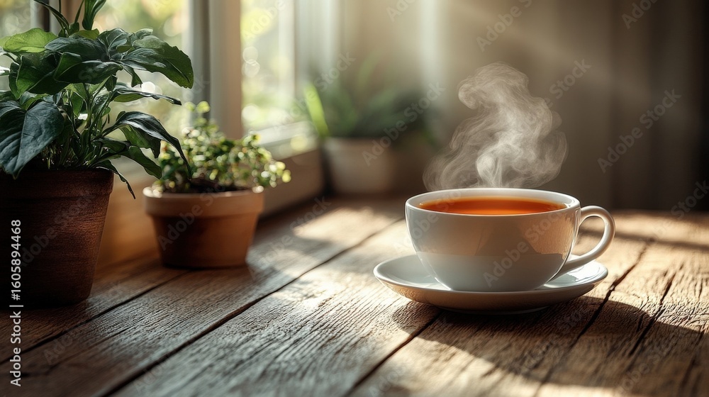 Steaming Cup of Coffee Placed on Wooden Table With Sunlight Steaming Cup of Coffee Placed on Wooden Table With Sunlight