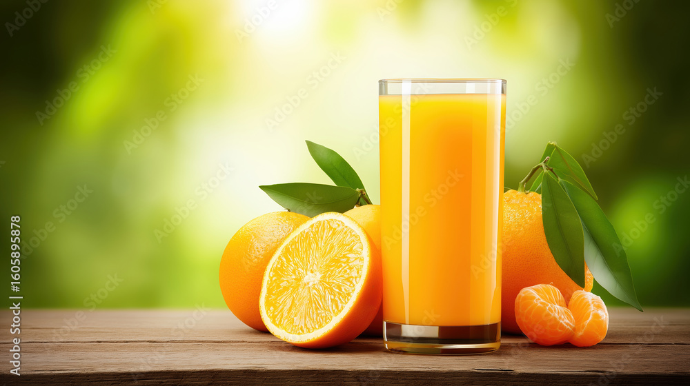 Naklejka premium Freshly squeezed orange juice served with vibrant fruits at a rustic wooden table