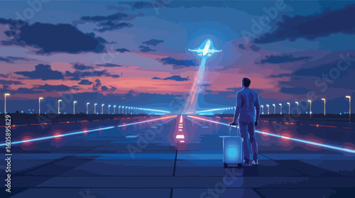 A passenger witnessing an airplane taking off at sunset with digital aesthetics in silhouette.
