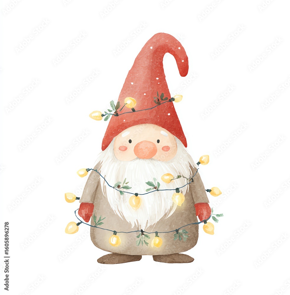 Fototapeta premium Cute Christmas Gnome with String Lights