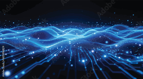 Abstract digital landscape depicting data flow and technological innovation.