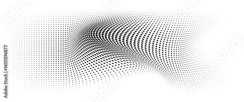 Flowing Wave Dot Halftone Pattern: Curve Gradient Shape on Transparent Background. Suitable for AI, Tech, Network, Digital, Science, and Technology Themes.