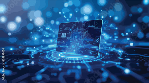 Abstract digital rendering of a credit card with circuitry and technology concept.