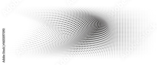 Flowing Wave Dot Halftone Pattern: Curve Gradient Shape on Transparent Background. Suitable for AI, Tech, Network, Digital, Science, and Technology Themes.