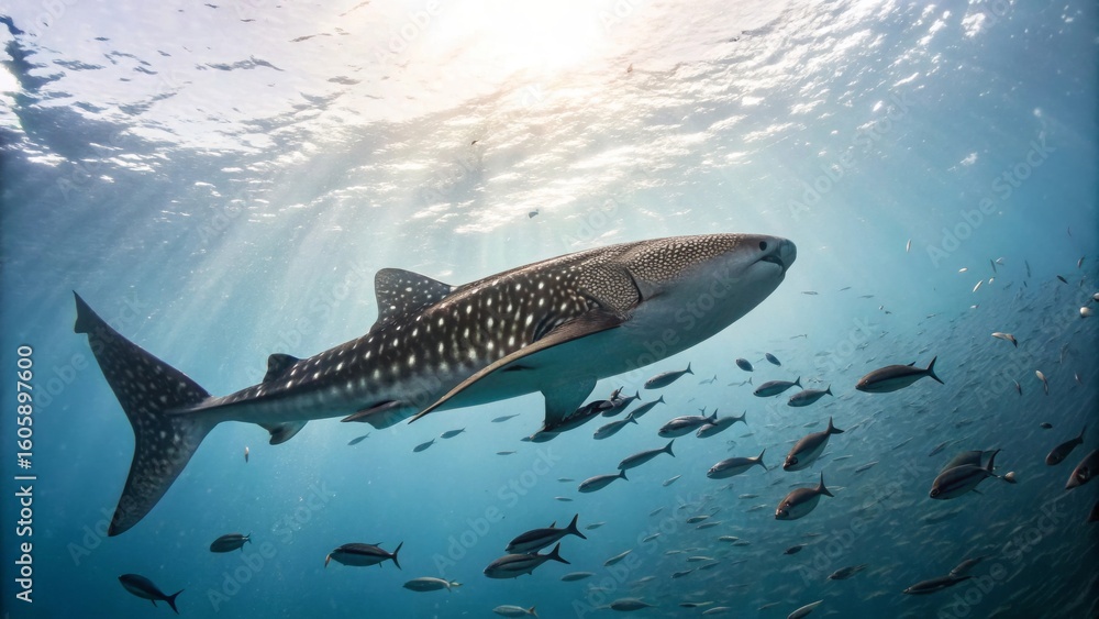 Naklejka premium Majestic Whale Shark Swimming Gracefully in Crystal Clear Waters