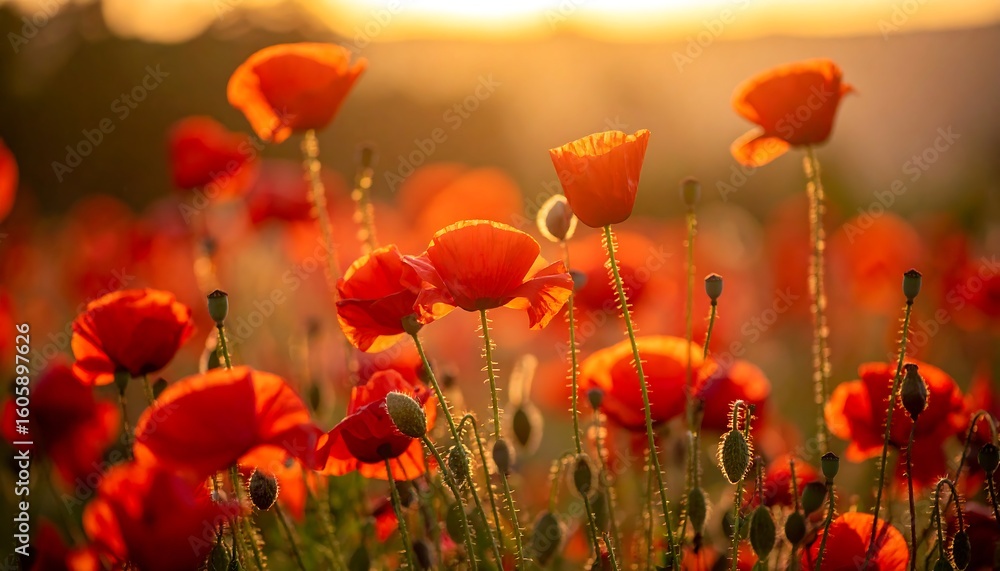 Obraz premium Vibrant poppy field at sunset creates a warm and inviting natural scene