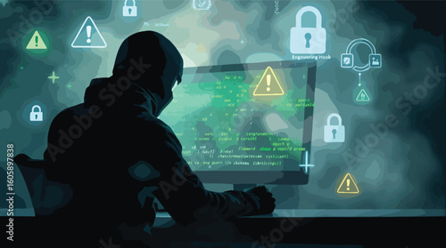 Cyber criminal hacking into a computer system with warning symbols and lock icons visible.