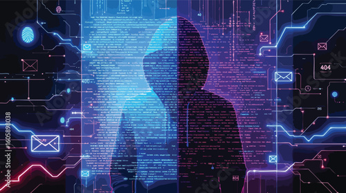 Cyber criminal silhouette represented within digital circuitry and code displaying data breach.