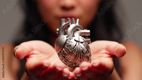 Hands Holding a Tiny Biomechanical Beating Heart