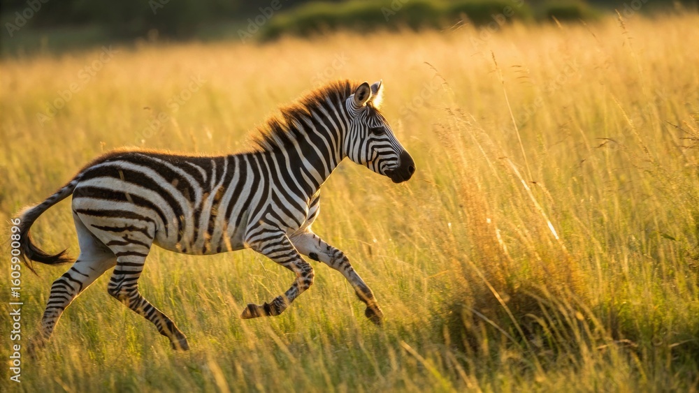 Naklejka premium Majestic Zebra Running Through Golden Grasslands at Sunset