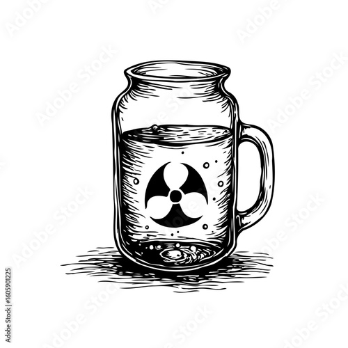 Radioactive symbol on water glass, sketch style to show environmental issues and pollution concerns with danger