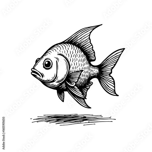 A beautifully detailed monochrome illustration of a goldfish swimming gracefully in its natural habitat aquatic