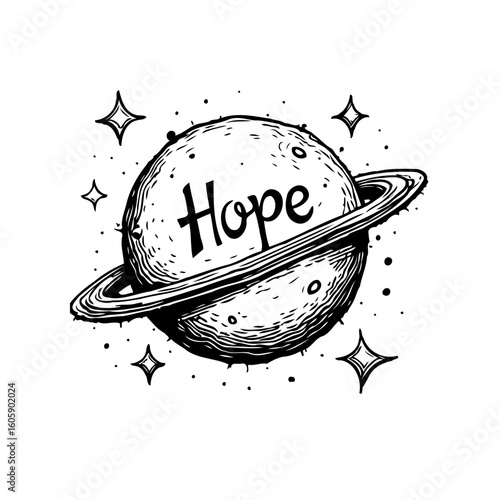 Monochrome depiction of a celestial body with the word hope a beacon of positivity in space