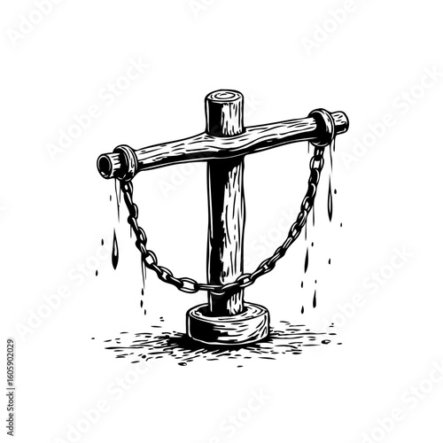 Vintage wooden pillory with chain vector illustration for history and medieval punishment drawing isolated object black and white