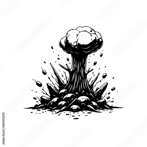 Dramatic explosion illustration showcasing power danger devastation destruction fallout nuclear mushroom cloud explosion design sketch