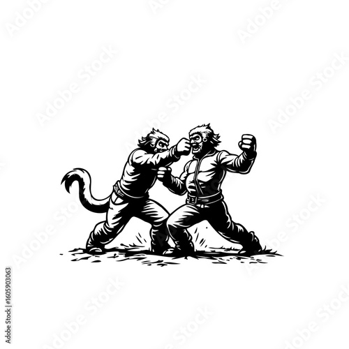 Fierce monkey combatants engaged in a fierce battle exchanging blows with great intensity displayed in illustration artwork