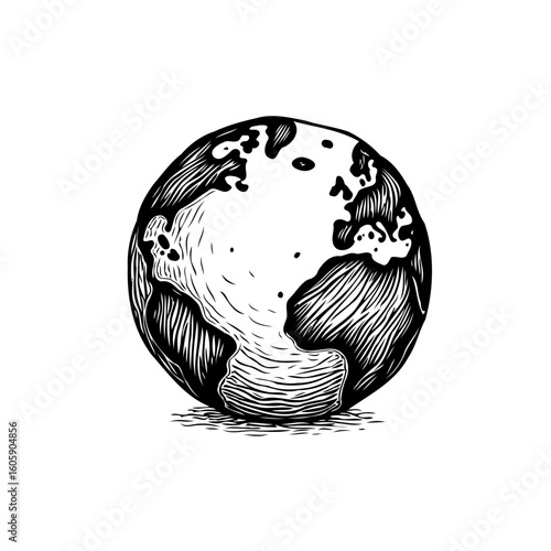 Earth illustration: Hand drawn globe symbolizing nature conservation and ecological awareness with detailed shading showing geographical continents