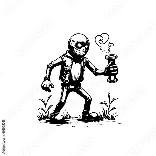 Whimsical cartoon biker with smoking pipe an illustration of quirky character adventure and vintage inspiration art