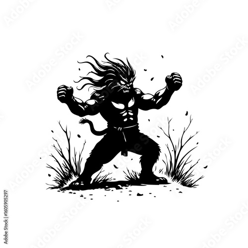 Unleash the beast within: A powerful depiction of a fierce anthropomorphic lion character poised for battle and strength
