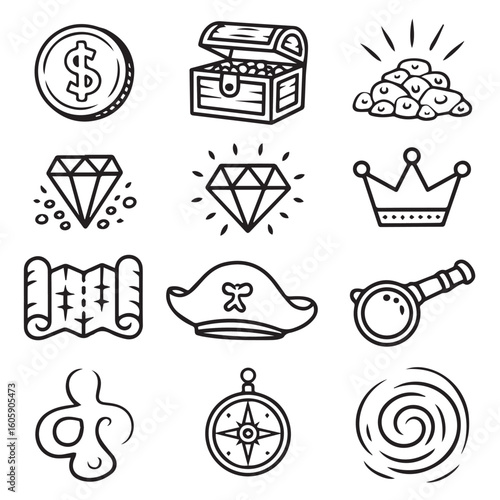 Collection of pirate themed icons including treasure and map elements