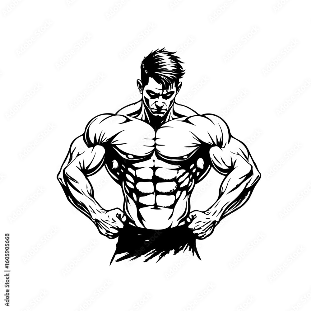 Fototapeta premium Vector illustration showcasing muscular man bodybuilder demonstrating strength and fitness lifestyle with black lines on white background